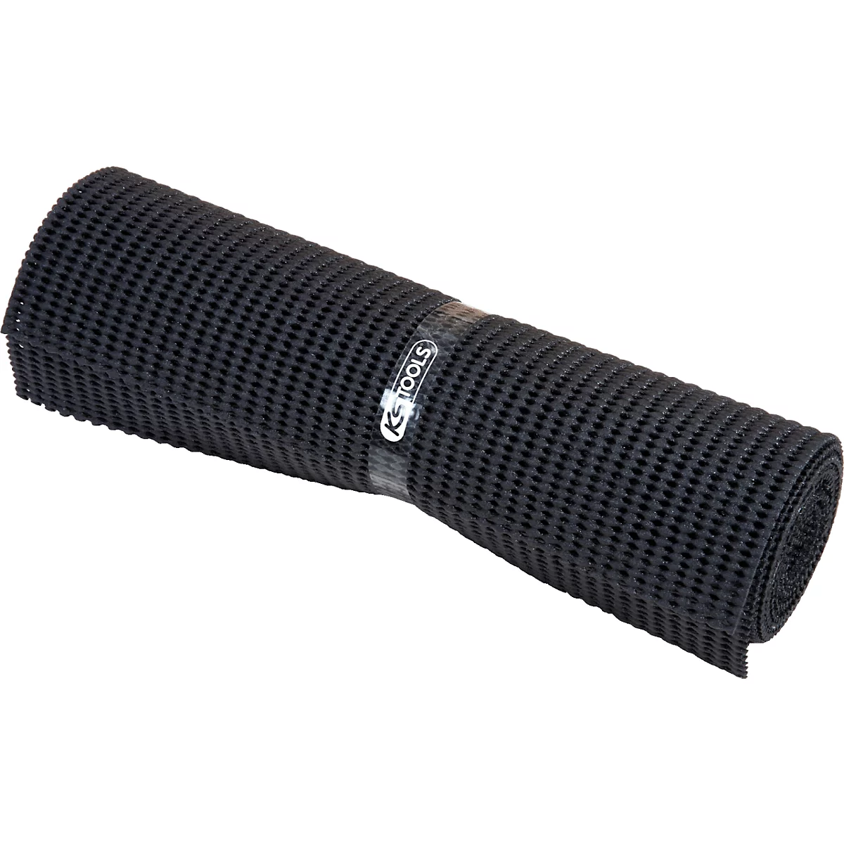 Gerollte, schwarze Anti-Rutsch-Matte mit wabenartigem Muster. Mittig ein Logo der Marke "KS TOOLS".